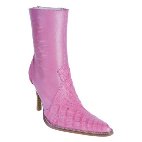 Los Altos Ladies Pink Genuine Hornback Crocodile Short Top Boots With Zipper 361825